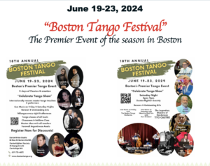 Boston tango festival poster with headshots of teachers and event line up.